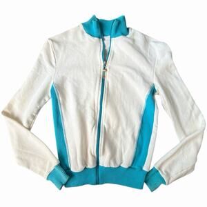 TBOE Women's Blue And White Beach Flower Zip Up Sweatshirt Size XS